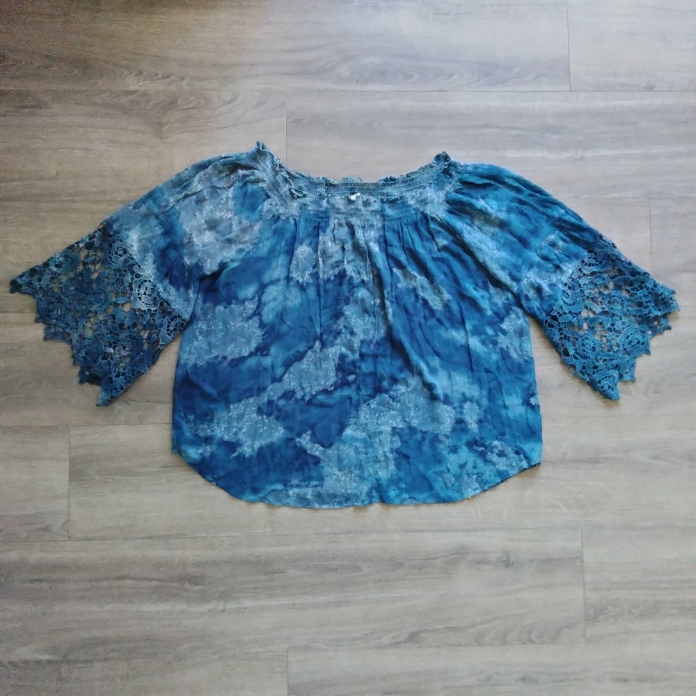 Studio West Apparel Women's Tie Dye Boho Top Blouse Crochet 3/4 Sleeve, Size XL